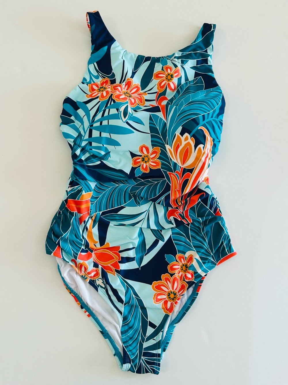 Jantzen NWT Layla Cross Back High Neck Floral Swimsuit 8 Print Aqua Green Peach - Picture 4 of 4